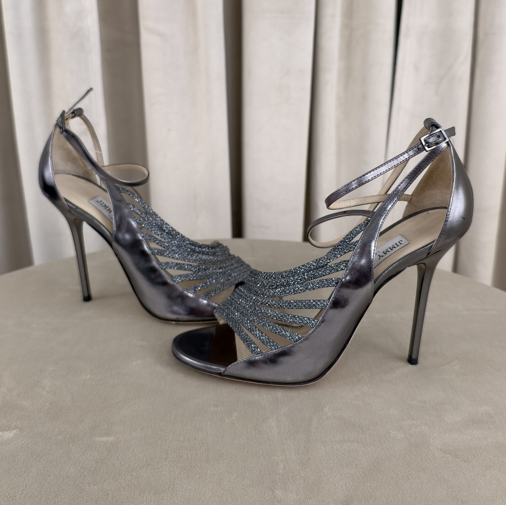 Jimmy Choo Glittering Metallic Silver Open-Toe Heels - Picture 5 of 8